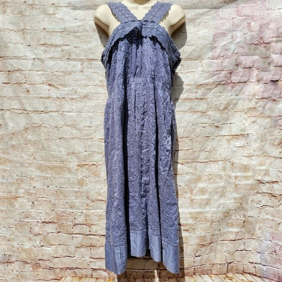 Y2K Abercrombie and Fitch Gray / Blue Lace Eyelet Midi Dress Size 10 / 12 - Picture 2 of 7